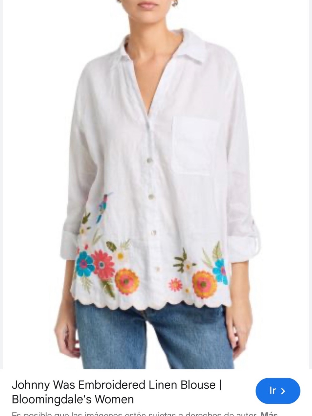 Johnny Was White Linen Button-Front Blouse with Floral Embroidery